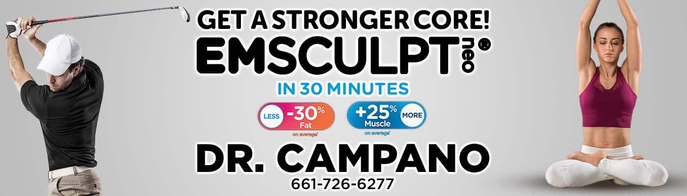 Achieve a stronger core with Emsculpt Neo treatment in just 30 minutes, reducing fat by 30% and increasing muscle mass by 25%, with Dr. Campano.